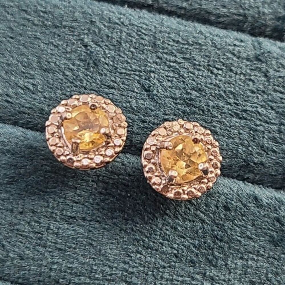 Citrine Stud Earrings Sterling Silver 925 Textured Halo Round Yellow Gemstone